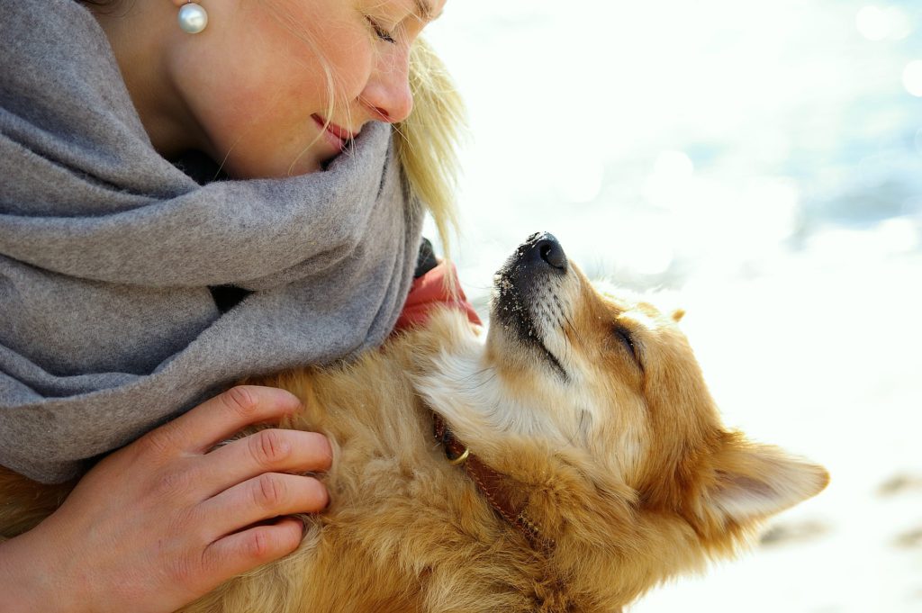 dog owner holding her pet